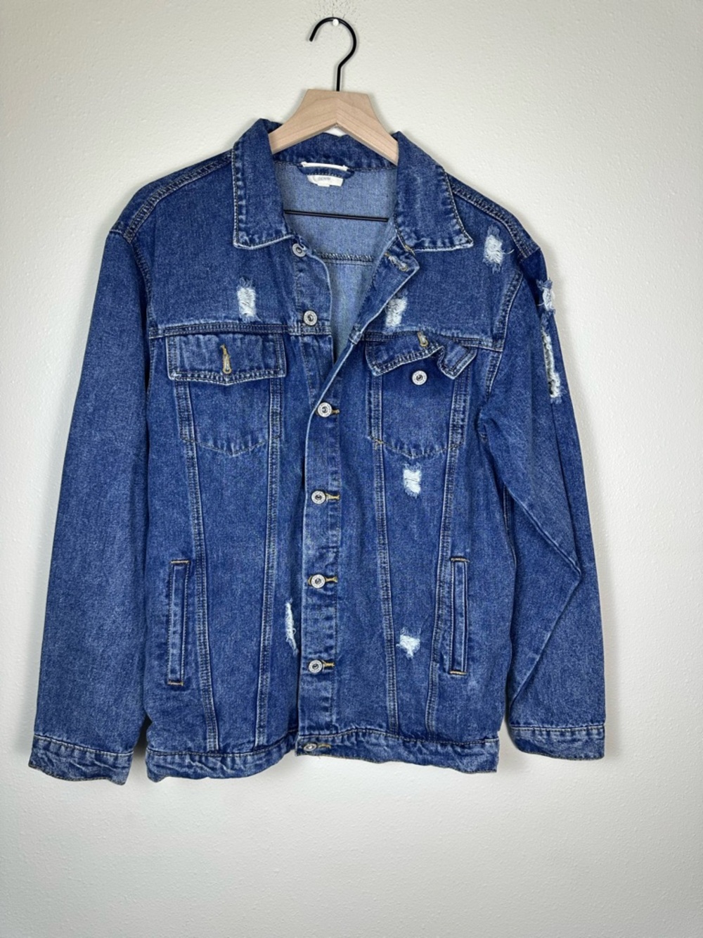 UMGEE Women's Medium Indie Grunge Streetwear Distressed Blue Cotton Denim Jacket